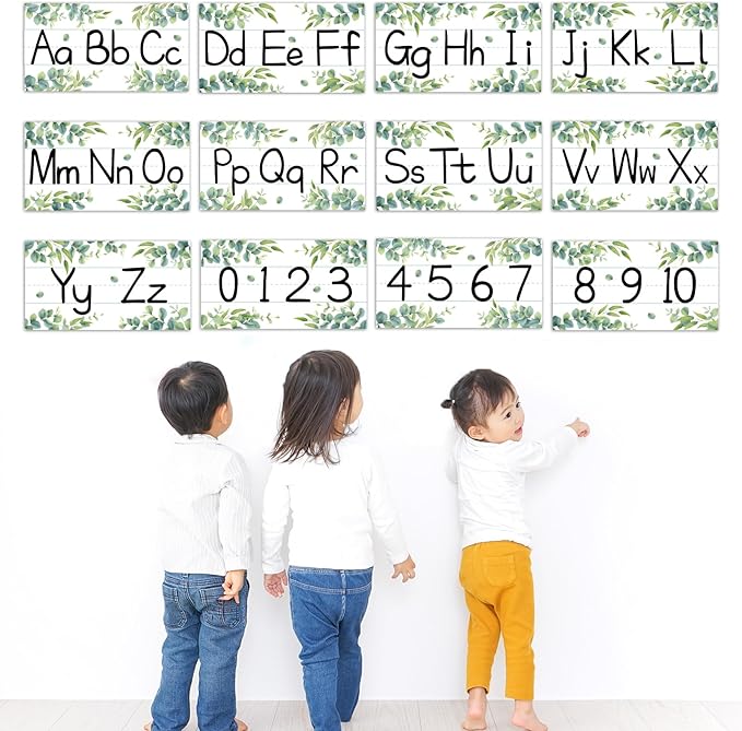 12 Pieces Alphabet Bulletin Board Strips Set Greenery Alphabet Line ABC Alphabets Banner & Number Border Posters for Preschool Kindergarten Classroom Bedroom Playroom (Eucalyptus)