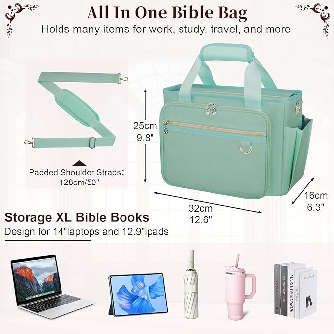 Large Bible Cover Case for Women, Bible Cover with Book Sleeve, Thick Padded Bible Case, Working Bible Tote Bag with Laptop and Bottle Pockets, Church Bag, Bible Bags for Women, Girl, Green