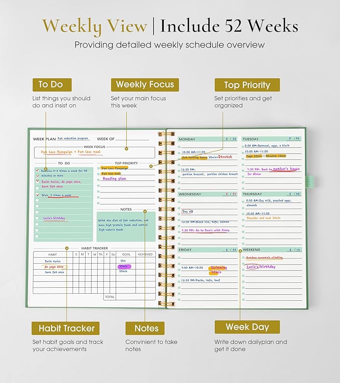 Undated Weekly and Monthly Planner, B5 Large Weekly To Do List Notebook with Goal & Habit Tracker Organizer, Hardcover Spiral Bound Blank Monthly Planner for Work School Home 7.4" x 9.64" Green