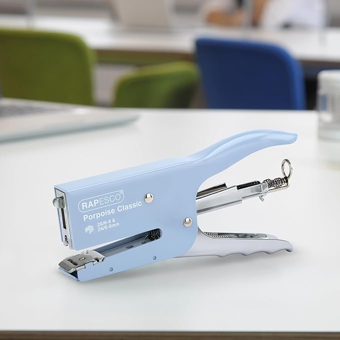 Rapesco 1355A Porpoise Classic Stapling Plier with 10.000 Staples, Type 26 Standard 5/16", 45 Sheet Capacity, Uses Type 26 Standard and Type 24 High-Capacity Staples, All Metal, Powder Blue