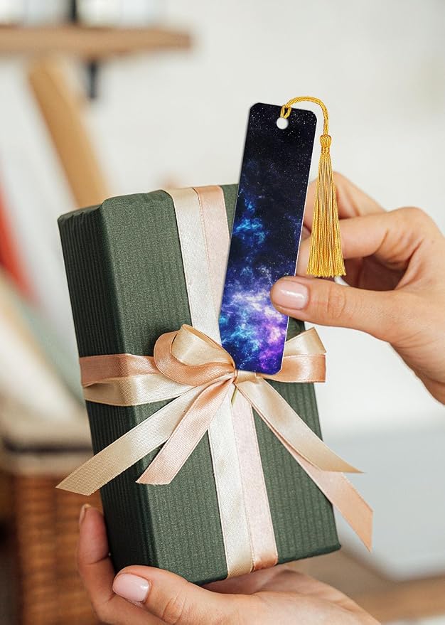 WIRESTER Set of 3 Metal Bookmarks with Light Gold Tassel for Students, Reader, Teachers, Book Lovers - Purple Nebula Galaxy, Galaxy Star Space, Celestial Blue Purple Galaxy