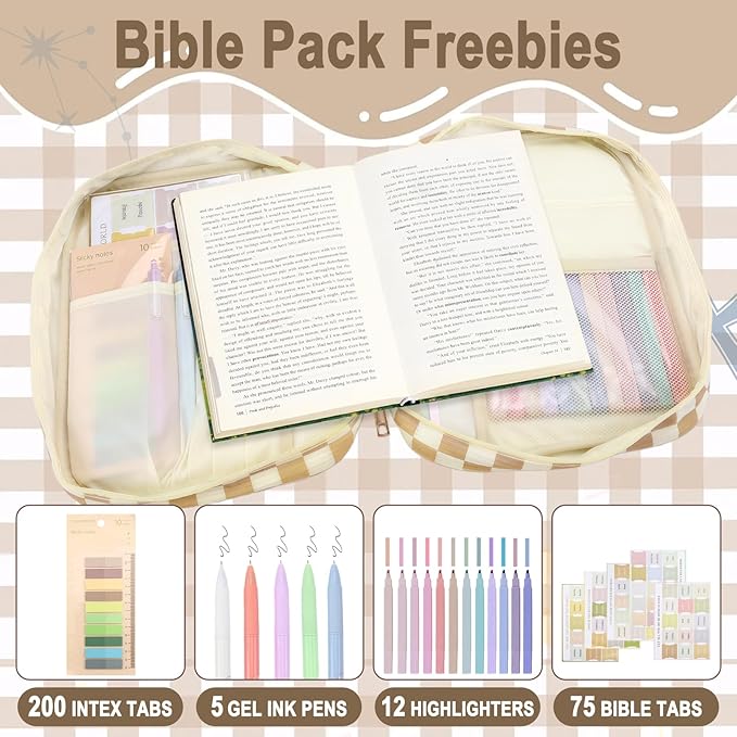 Zkptops Bible Cover Case for Women Girls Large Bible Bag Cotton Quilted Checkered Bible Carrying Case with Zipper Pocket and Handle Carrying Book Cover for Christian Study Supplies Christian Gift