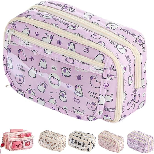 Cute Kawaii Pencil Case Pouch Cartoon Pen Box Holder Organizer for Office Workspace Supplies Desk Accessories Travel Essentials Aesthetic Trendy Cool Stuff Gift Large Capacity (Purple Kapibala)