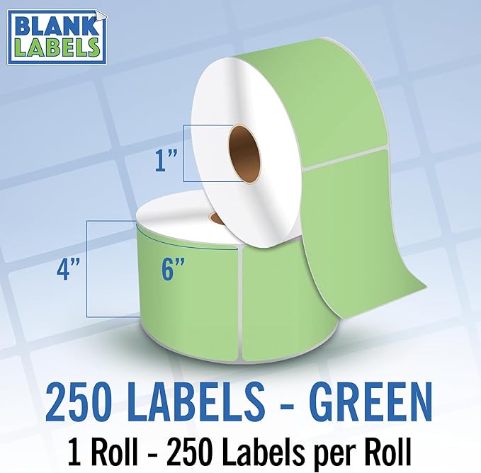 4" X 6" Direct Thermal Shipping Labels | Green | 1" Cores w/Perfs Easy Tear | Made in USA | Printing Label | 250 Labels | 250 Labels per Roll | 1 Rolls | Blank Labels