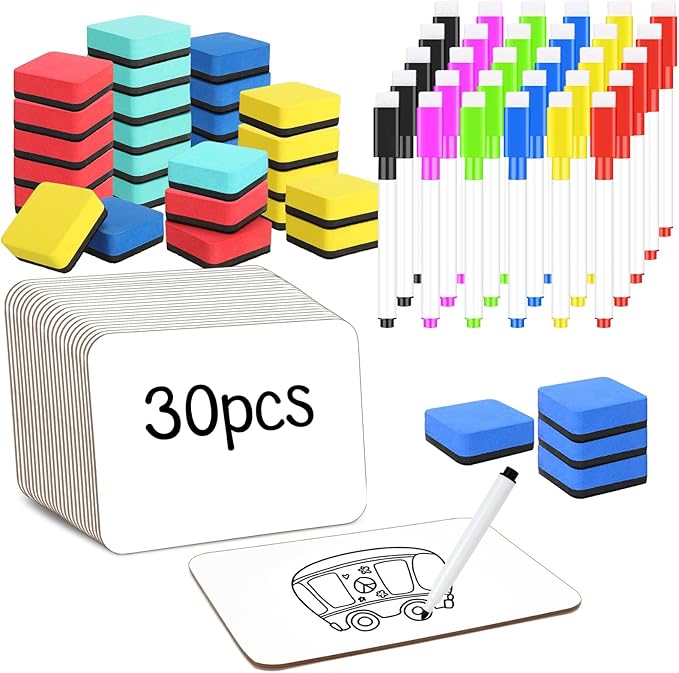 30 Pack Dry Erase Whiteboard Paddles, 9 x 12 Inch Wooden Double-Sided Handheld White Boards with Colorful 30 Markers & 30 Erasers Reusable Writing Paddles for Classroom Teaching & Auction Bidding