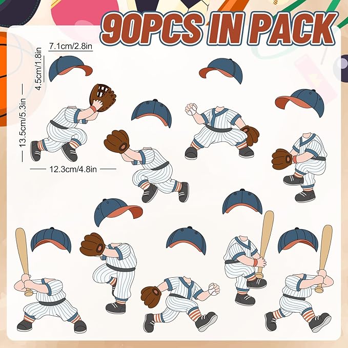 FYSUIMU 90 Pcs Baseball DIY Cutouts Sports Ball Cut-Outs Cartoon Baseball Player Paper Cutting with 150 Pcs Glue Points for Crafts Classroom Bulletin Board Birthday Party Photo