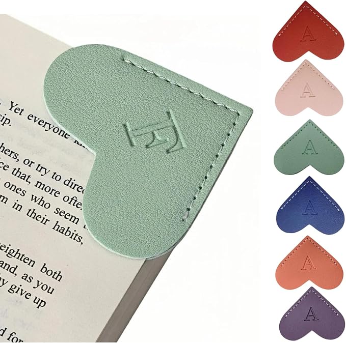 Personalized Leather Heart Bookmarks with Initials, 26 Letters Custom Corner Book Mark for Reading Women,Teacher, Student, Book Lovers Book Marker, Meaningful Gifts (Dark Blue+Light Green,F)