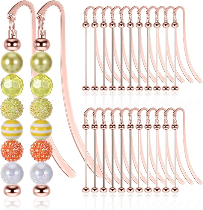 24 Pcs Beadable Bookmarks DIY Metal Bookmark Bar, Metal Beadable Blank Bar Beaded Bookmark Craft Jewelry Pendant DIY Modern, Charm Gifts for Book Lovers, Students, Teachers Office Supplies(Golden)
