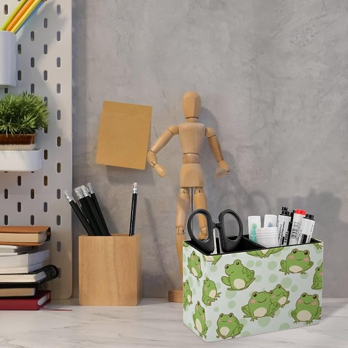 Desk Organizer Pen Holder Cute Frog, Square Multi-Functional Pencil Container for Decoration Home and Office, PU Leather Pen Container