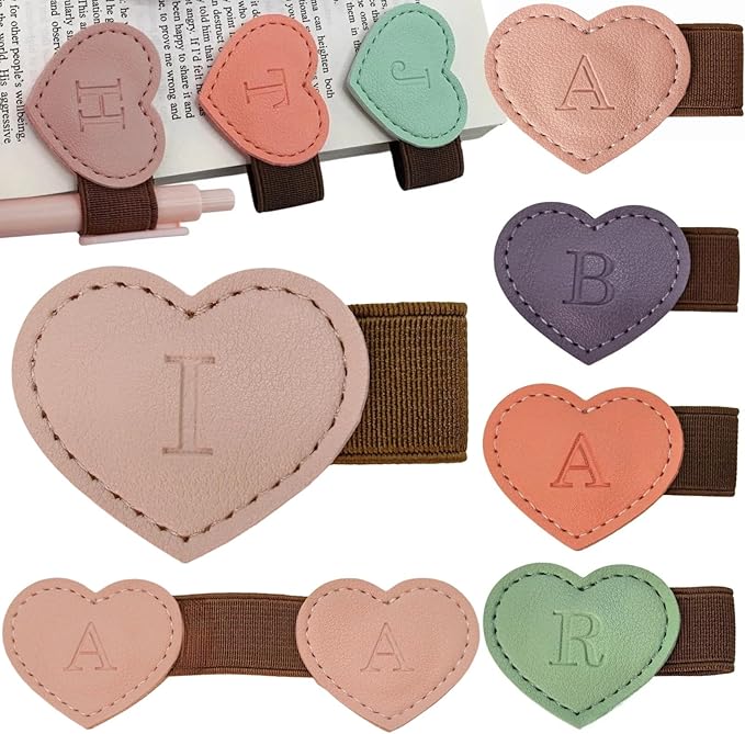 Personalized Magnetic Leather Heart Bookmark with Pen Holder - 26 Letters Custom Book Mark Notebook Pencil Loop with Initial Book Marker for Readers, Book Lovers- Gifts for Women Men(Pink,I)
