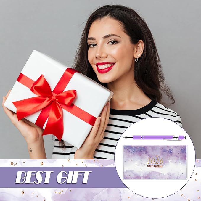 Gueevin 2026 Pocket Calendar for Purse with Pen Small Pocket Planner Handy Weekly Monthly Planner Journal Writing Notebook Valentine New Year Gift Sister Friend Women(Watercolor,Purple)