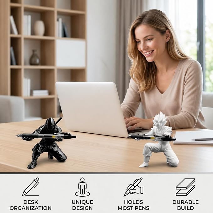 Ninja Pen Holder and Samurai Pen Holder Set, Ninja Pen Holder for Desk and Office Organization, White Saiyan Pen Holder for School and Home Use, PVC Material Construction with Large Size Design