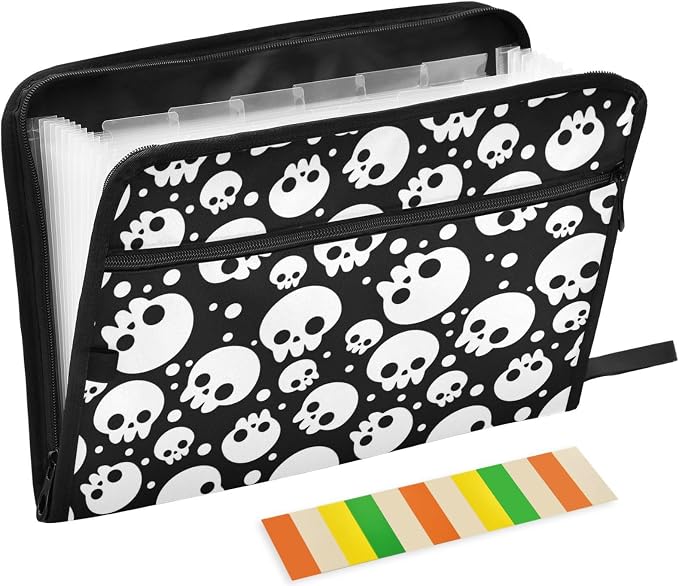 Skulls Black White 13 Pockets Expanding File Folder with Sticky Labels Accordion File Folder Document Organizer Letter Size A4 Papers Expandable File Keeper