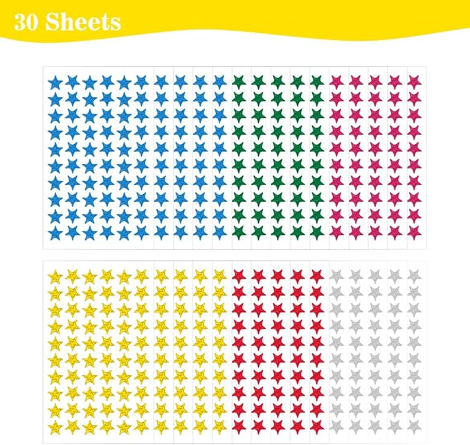 Star Stickers - 1800 Pcs, 30 Sheets, 6 Colors, Foil Stickers for Kids Reward, School Planner, Behavior Chart, Classroom Teacher Supplies, DIY