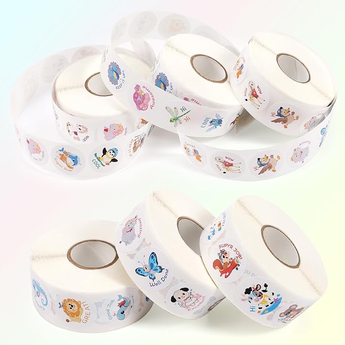 3000 PCS Animal Stickers, 3 Rolls Kids Stickers, 1 Inch, 30 Designs Cute Animal Sticker with Motivational Words, for Kid Reward School Supplies Stickers