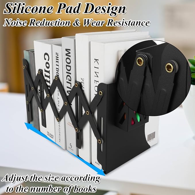 SHUESS 2 Pack Adjustable Bookends Expandable Metal Bookends for Heavy Books, 2 Dividers, Heavy Duty Book Ends to Hold Books with Pen Holder for Office, School, Bookstore, Home