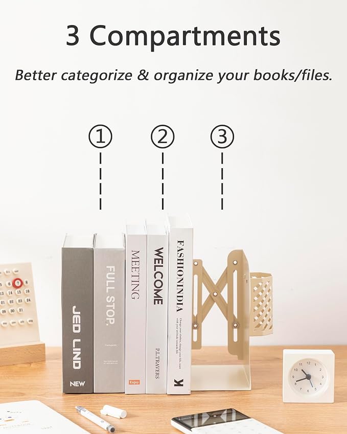 Kingsmile Book Ends, Adjustable Bookends for Shelves, Metal Bookends for Heavy Books, Book Stopper Organzier with Pen Holder for Desk, Kids Room, Office, Classroom, Library, Study Room.(Light Beige)