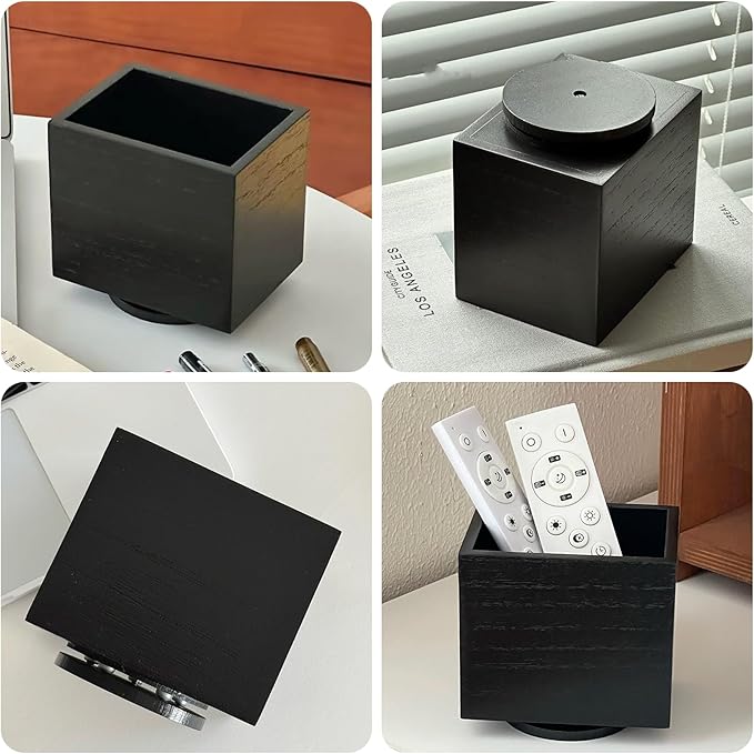 360° Rotating Remote Control Holder, Wooden TV Controller Holder, Remote Holder for Table, Desktop Caddy for Pen, Phone, Small Item Home Office School(Black)
