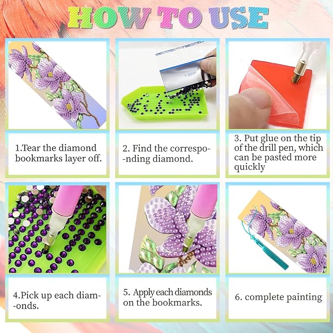 6Pcs Magnolia 5D Diamond Art Bookmarks Flowers Diamond DIY Painting Bookmarks Rhinestones Beaded Acrylic Tassel Bookmark for Adult Beginner Crafts