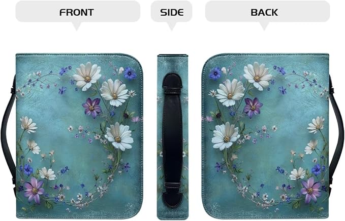 Leather Green Bible Covers for Women Ladies,Purple Blue and White Daisy Bible Bag with Handle for Large Size Study Bible Case for Girls,Large
