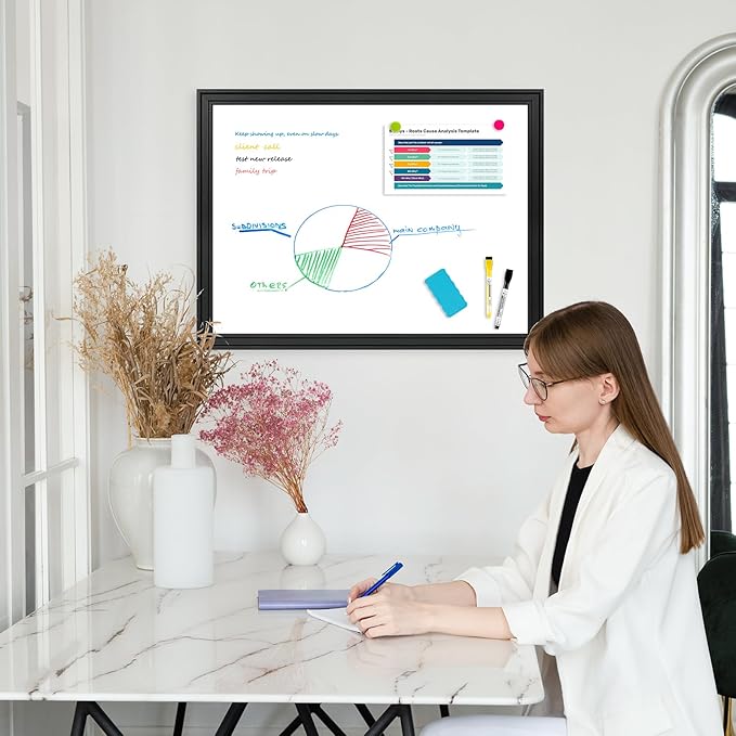 DOLLAR BOSS Magnetic Whiteboard for Wall 24" x 18" Vintage Wood Framed White Board Decorative Dry Erase Board for Home Office Shop Decor Display with 4 Markers, 8 Magnets, 1 Eraser, Black