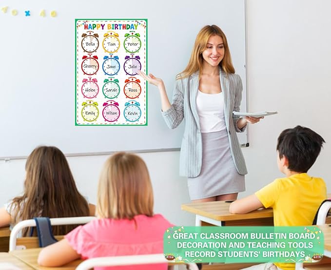 D24TIME Classroom Birthday Chart Calendar - Colorful Reusable Laminated Happy Birthday Poster for Bulletin Board Decoration & Back To School Teacher Supplies