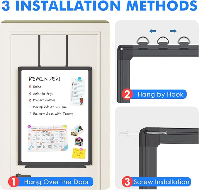 Magnetic Dry Erase Board for Doors, 30x20 Inch Whiteboard with Adjustable Long Arm Hook Mount - Easy to Install, Portable Hanging White Board for Home, Dorm Room, Office Cubicle & Small Spaces(Black)
