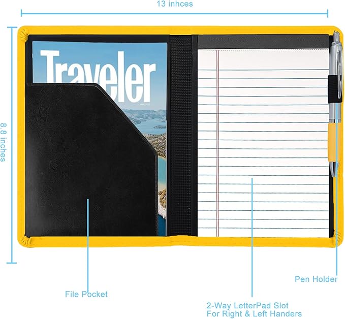 A5 Padfolio Business Portfolio Folder,Junior Size Document Folder Organizer, Padfolio with Interior Pocket and Pen Loop, 5 x 8 Writing Pad Included. Yellow