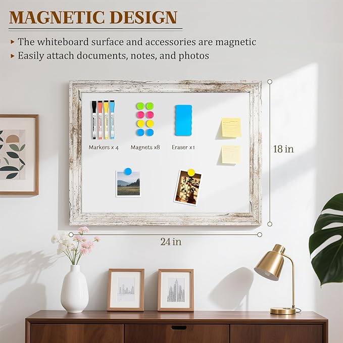 White Board for Wall, 24'' x 18'' Magnetic Dry Erase Board, Decorative Whiteboard with Vintage Wooden Frame, Hanging Writing Board for Home Office School Dorm
