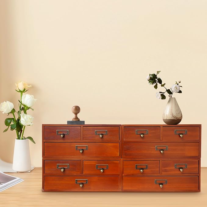 4 Pcs Vintage Wood Desktop Organizer, 4x3 Drawer Apothecary Cabinet with Metal Handles, Stackable Storage for Office Home School, Makeup Jewelry Tea Stationery Herbs