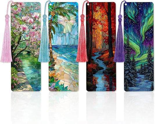 4 Pcs Seasons Transparent PVC Bookmarks with Tassels, Stained Glass Art Bookmark Gifts for Women Men, Elegant Book Loves Accessories, Fantasy Reader Gift for Bookish Men