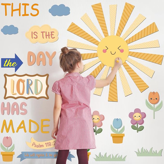 Fuyoooo 150 Pcs Spring Christian Bulletin Board Set Sunday School Bulletin Board Inspired Religious Classroom Decoration for Teacher Sunday School VBS Bible Church Summer Wall Decor(Boho Color)