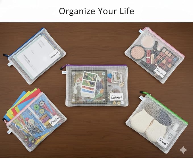 10 Pack Letter Size Mesh Zipper Pouches with Side Label Pocket, Semi‑Clear Organizer Bags for Documents, School Supplies, Travel and Home Organization – 13.4×9.5 Inch