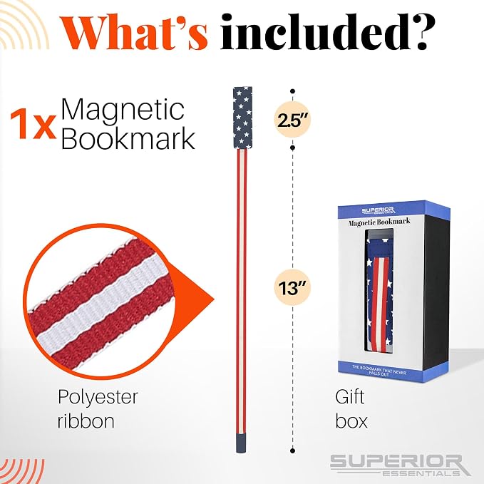Superior Essentials Magnetic Bookmark-Genuine Leather, Single Long Ribbon Bible Bookmark for Book Lovers-Amplify Your Love for Books with Our Elegant Ribbon Page Marker (American Flag, 3PC)
