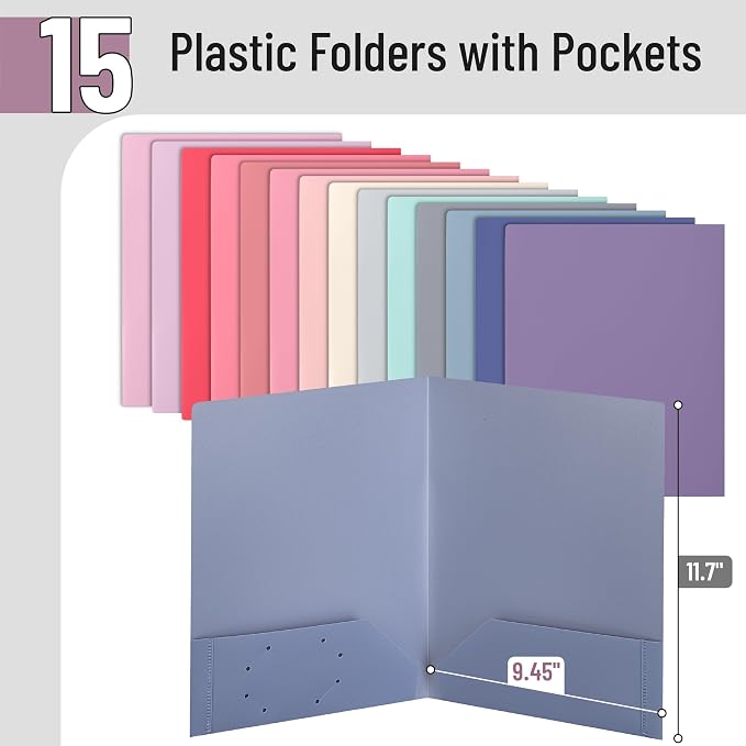 Mr. Pen- Plastic Folders with Pockets, 15 pcs, Aesthetic File Folder with Business Card Slot, 2-Pocket Folder, Back to School, Office, Filing Supplies