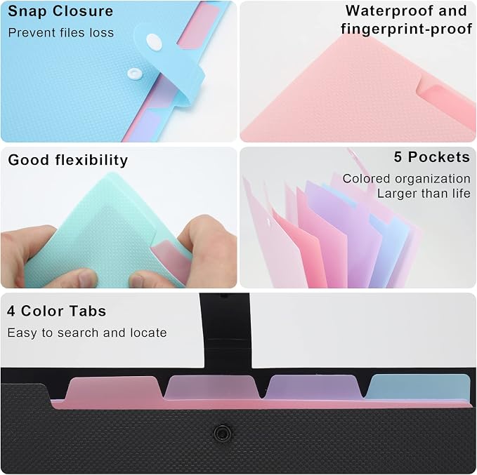 NAFY Colorful Expanding File Folder, 5 Pockets Folder with Colored Labels Portable Weave Pattern Accordion File Folder A4 Letter Size Project Organizer Document Folder for Office School (Purple)