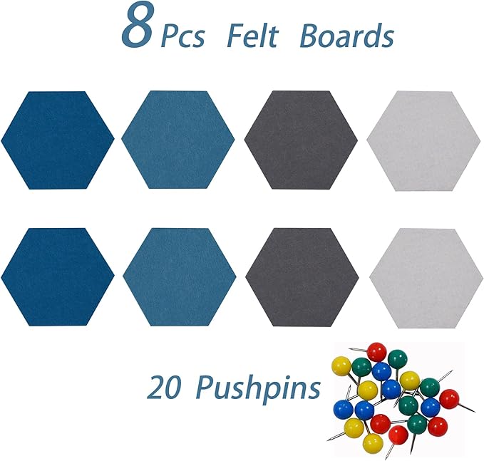 8Pcs Hexagon Felt Cork Board Tiles Self Adhesive Bulletin Board, Pin Board for Wall Decor Memos Photos Display (Set D)