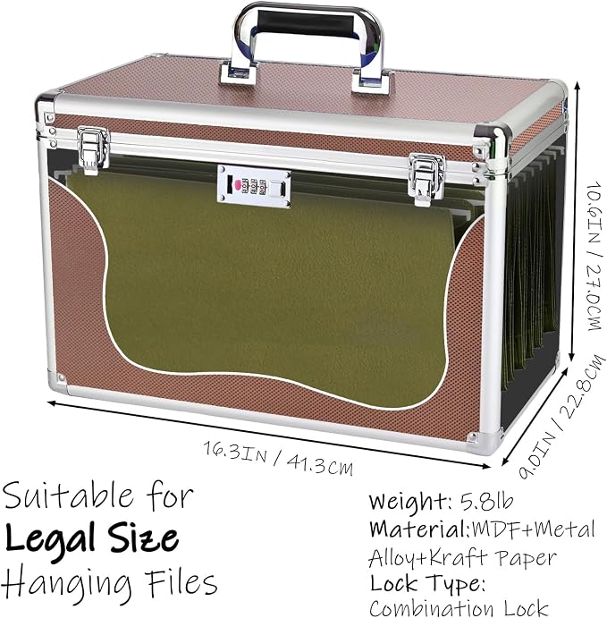 File Storage Cabinet for Legal Size Hanging File Folders, Suspension File Holder, Document Organizer Filing Lockbox in Office and Home with Combination Lock and 10-pack Hanging Files (Coffee, Legal)