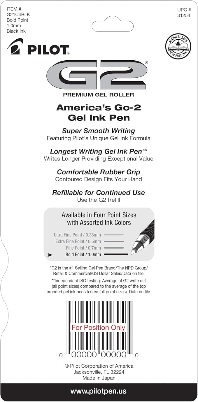PILOT G2 Premium Gel Pens, Black Pens, Bold Point 1 mm, 4 Black, (Pack of 2)