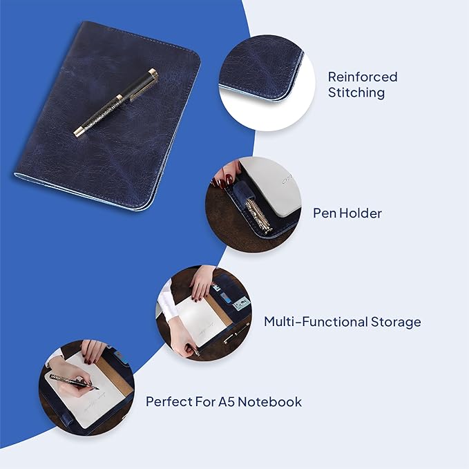 TheAntiq Genuine Leather A5 Journal Cover Refillable Notebook Cover, Fits 5.75 x 8.25 in, Card Slots Pocket & Pen Holder, Handmade Professional Leather Organizer for Men & Women, Travel & Work Diary Cover