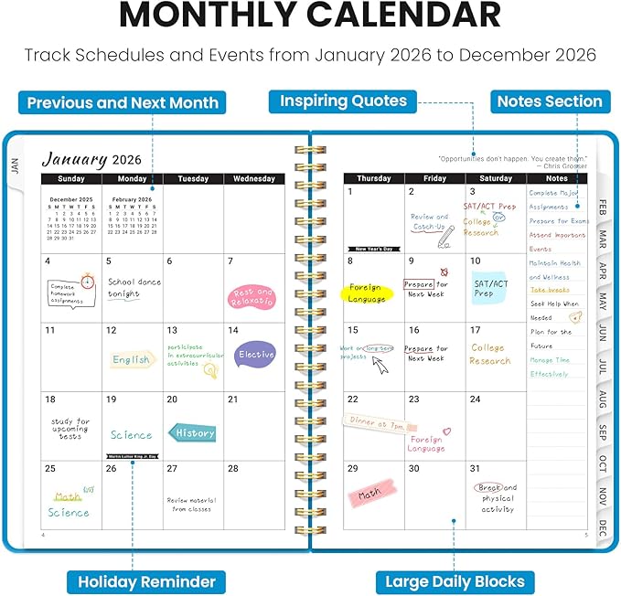2026 Planner - Weekly and Monthly Planner, January 2026 to December 2026, Spiral Bound 2026 Calendar Planner Book, Inner Pocket, Perfect for Office Home School Supplies - A5 (6.3" x 8.5"), Azure Blue