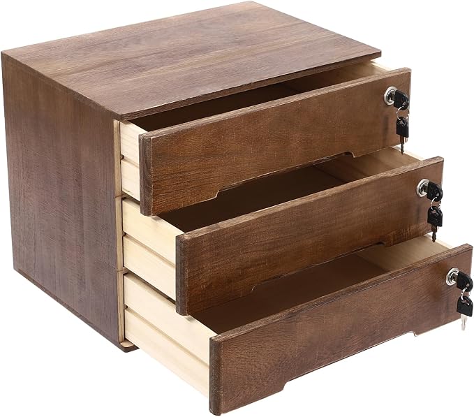 Wooden Desktop Storage Cabinet with 3 Lockable Drawers, Office Desk File Organizer, Small Wooden Drawer Storage Box for Home Office Supplies, Sewing Kits,Vanity, Walnut Color