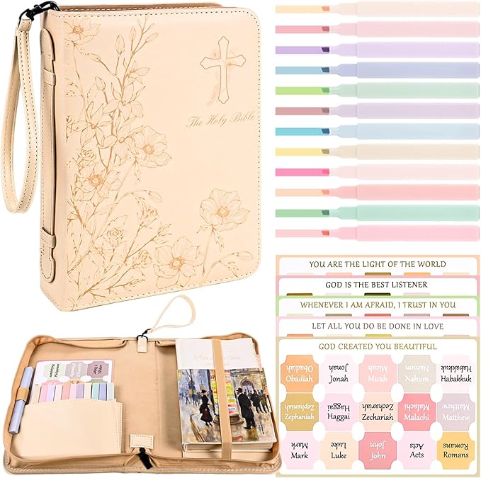 Bible Cover Case for Women Khaki Leather Floral Bible Storage Bag with Highlighters Tabs for Girls Bible Study Supplies Accessories Christian Gifts