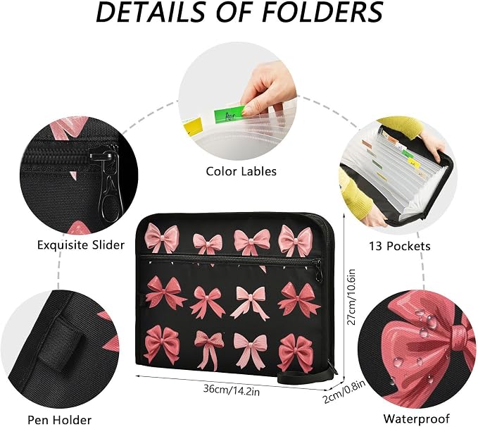 Expanding File Folder Pink Red Bow Black Accordion File Organizer 13 Pockets Document Organizer with Zipper Labels A4 Letter Office Storage
