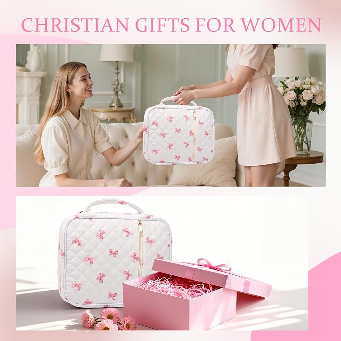 Bible Cover Case for Women Large Quilted Bible Carrying Bag with Handles Bible Study Supplies & Accessories Christian Gifts for Women(Pink Bow, M)