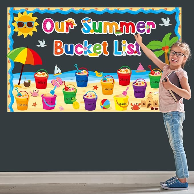 48Pcs Summer Bulletin Board Classroom Decorations Our Summer Bucket List Cutouts Hawaii Sun Beach Name Tags Tropical Hawaii Bucket List Paper Cutouts for Office School Home Chalkboard Classroom Decor