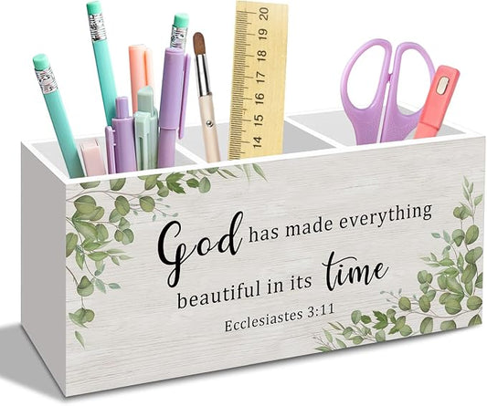 Bible Pen Pencil Holder for Desk, Sage Christian Office Desk Accessories Decor, Sage Green Christian Motivational Pen Holders Organizer for Farmhouse Home Classroom Bathroom