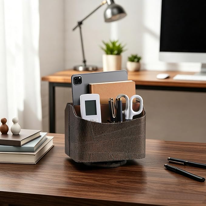 PU Leather Remote Control Holder, 360 Degree Rotating Desk Organizer Luxury Desktop Storage Rack, Rotating Bedside Storage Box for Desktop Office Living Room Bedroom (Brown Vintage)
