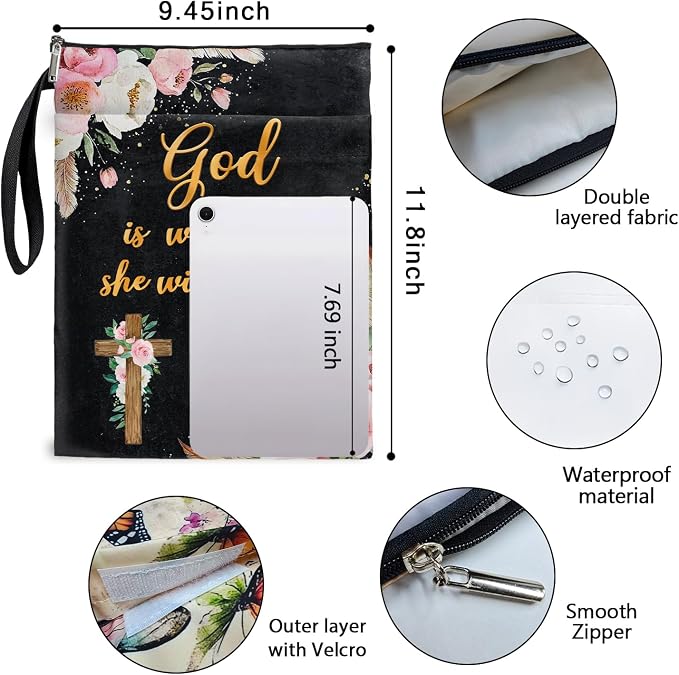 Christian Bible Verse Book Cover, Waterproof Book Sleeve with Zippered Front Pocket Retro Flowers Book Pouch for Book Lovers, Christmas, Birthday, Graduation Gifts (Black-GOD, Large)