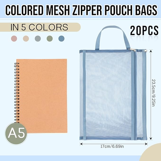 Marspark 20 Pack Mesh Zipper Pouch Bags, Nylon Puzzle Building Block Sets Storage & Organization A5 Plastic Clear Zipper Pouches with Handles for Travel Office Games, 5 Colors